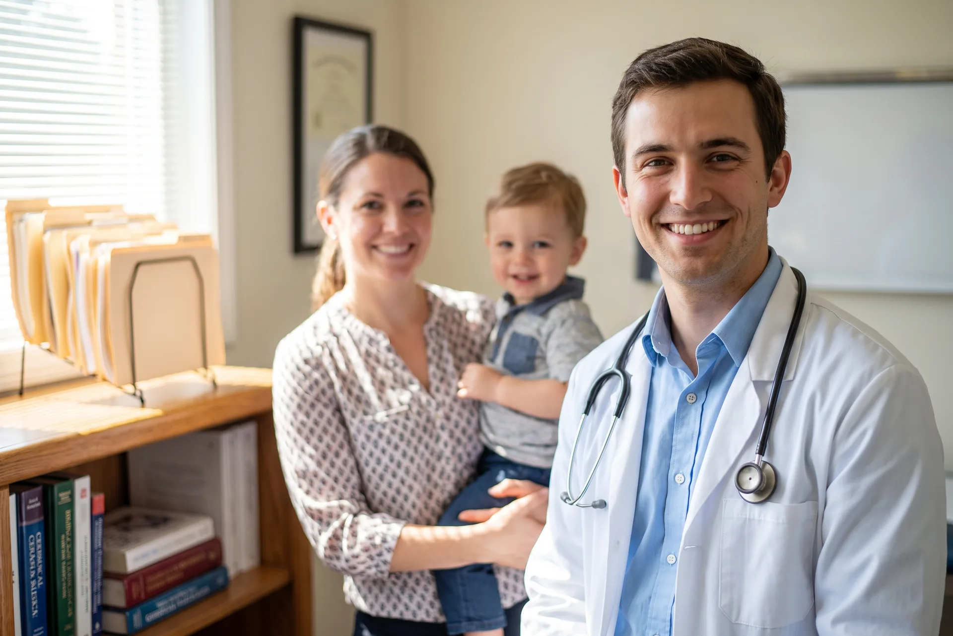 Family doctor with a mother and child