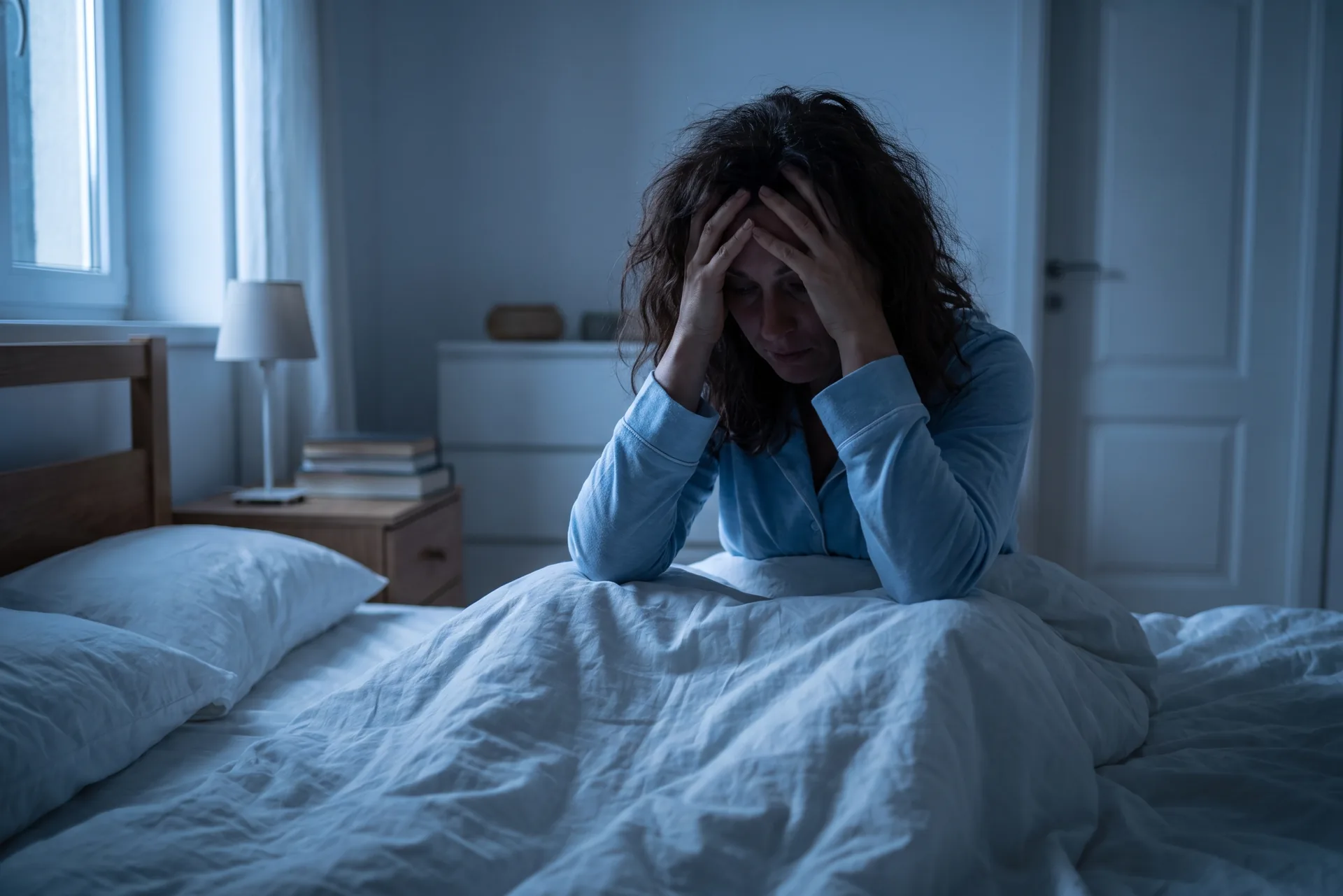 Woman awake in bed with insomnia, a sleep medicine condition