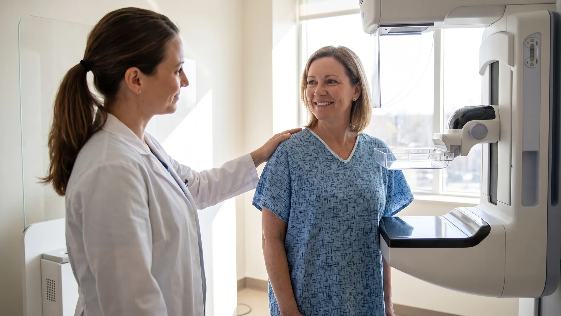Technologist positioning a patient for a mammogram screening