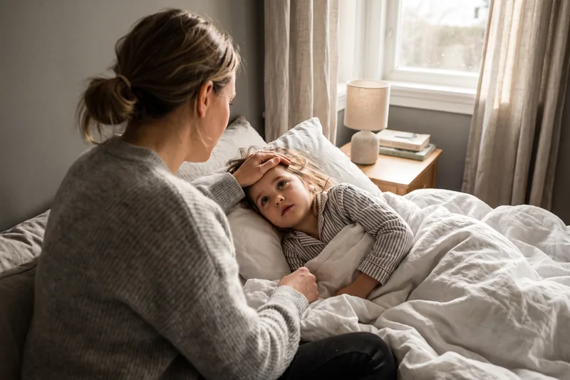 Mother checking a child's fever at home
