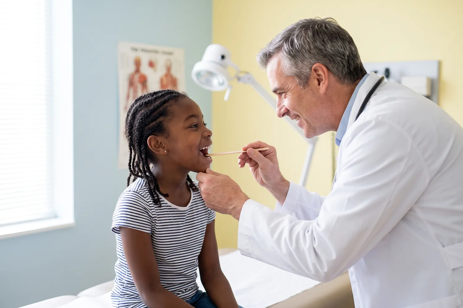 Doctor checking a child's throat during a school physical exam